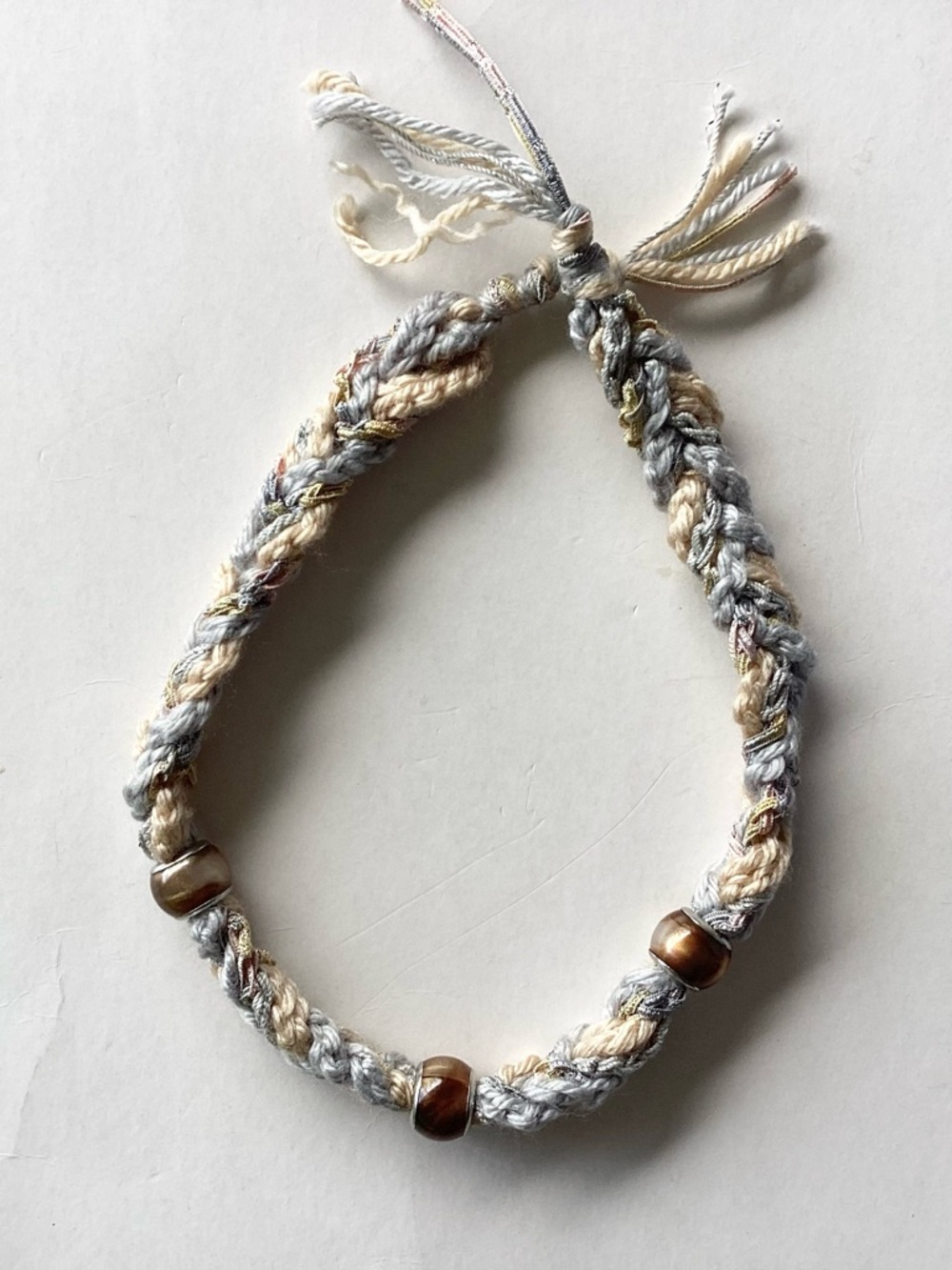 Necklace Hand Crafted Braided Boho Beaded Silver Grey Cream 18” - Picture 5 of 14